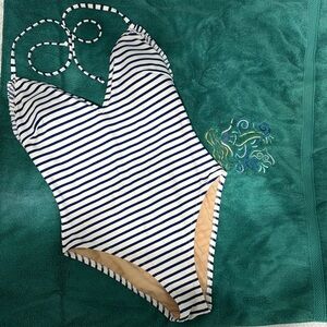 J. Crew Navy Striped Ruffle Ruched Plunge Halter One Piece Bathing Swimsuit